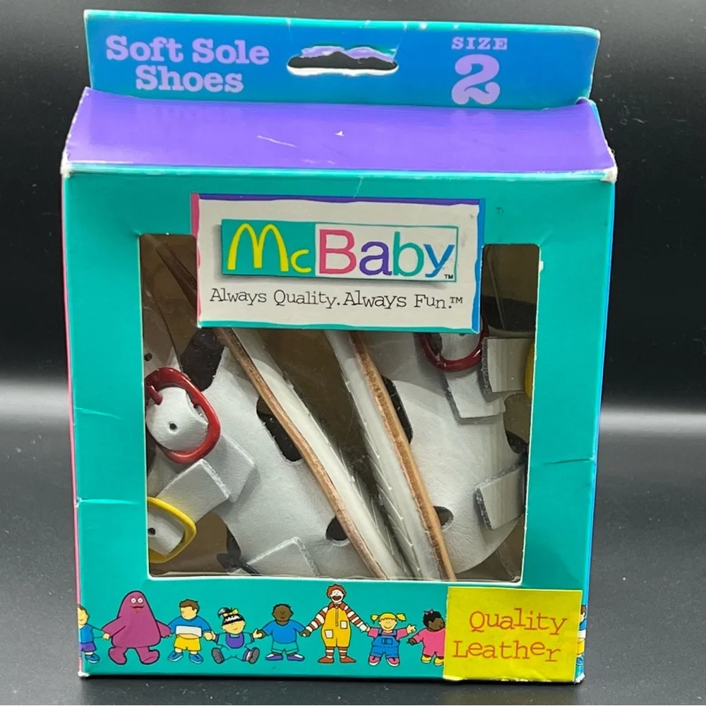 McDonald’s McBaby white leather crib sandals colorful buckles Sz.2 VTG NWT